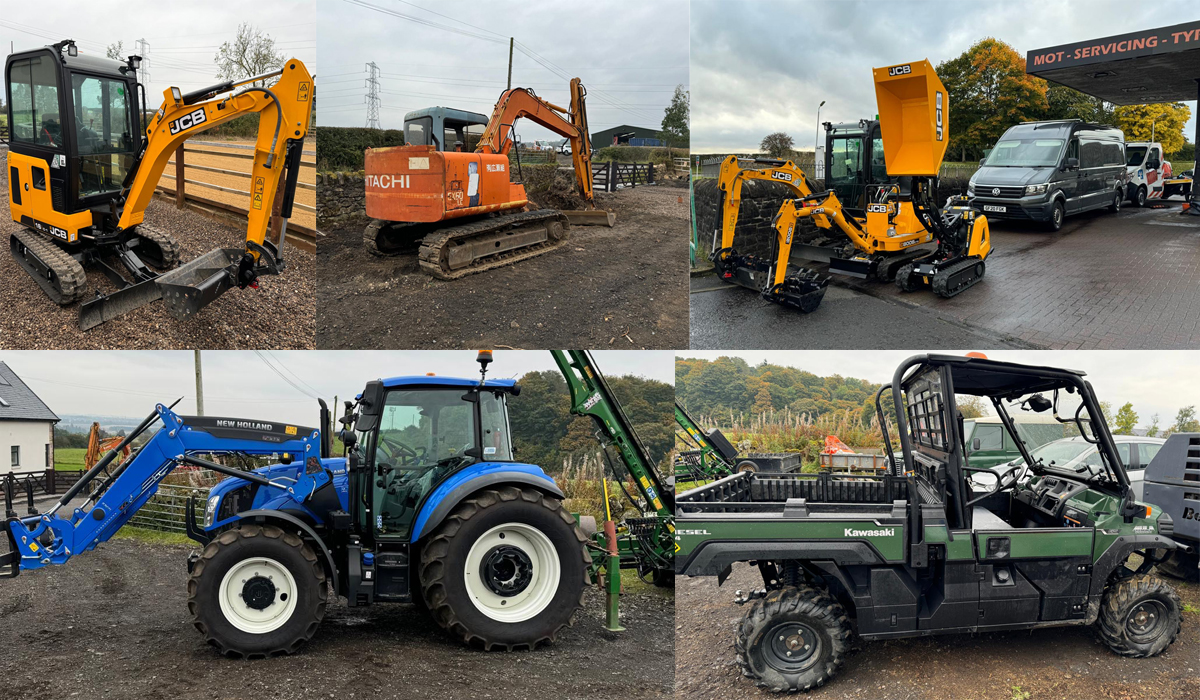 Photos of our plant hire vehicles - JCB excavator, Hitachi Excavator, Kawasaki Mule 4 by 4 and a New Holland tractor